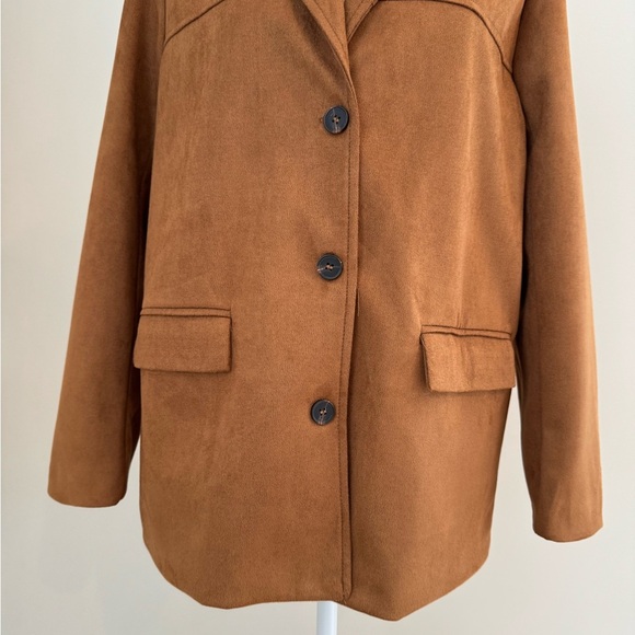 Faux Suede Brown Lapel Collar Button Up Oversized Jacket Blazer Small - Picture 5 of 14